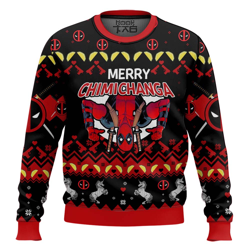 Hooktab Merry Chimichanga Deadpool Ugly Christmas Sweater Hooktab Merry Chimichanga Deadpool Ugly Christmas Sweater