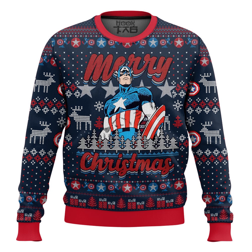 Hooktab Merry Christmas Captain America Ugly Christmas Sweater Hooktab Merry Christmas Captain America Ugly Christmas Sweater