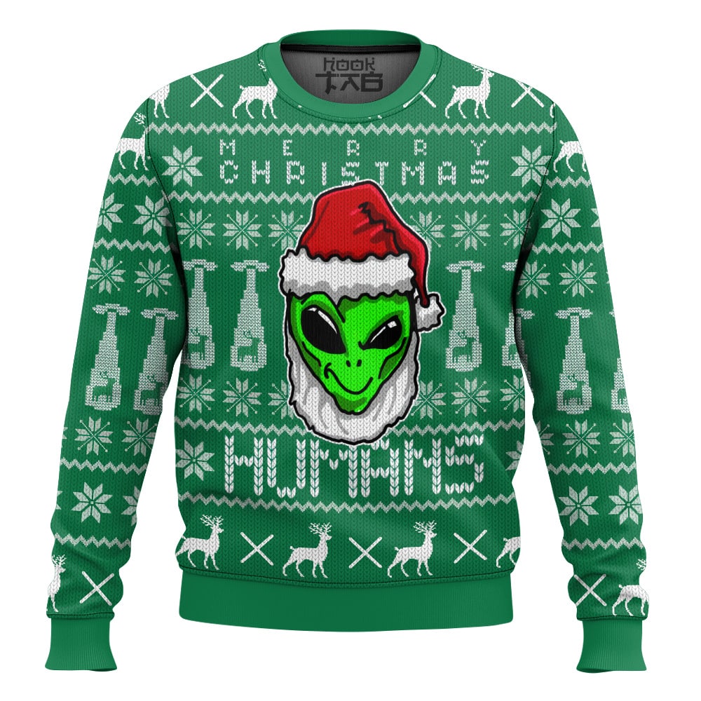 Hooktab Merry Christmas Human Alien Ugly Christmas Sweater Hooktab Merry Christmas Human Alien Ugly Christmas Sweater