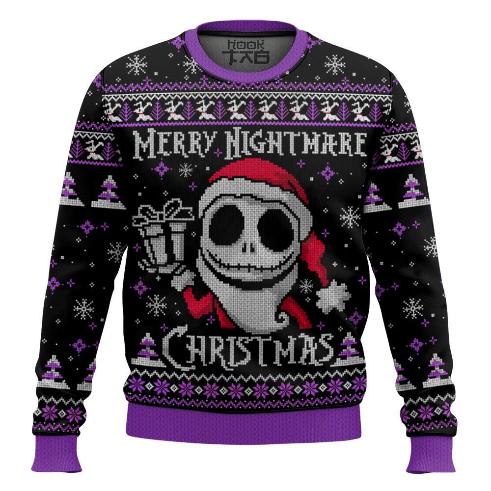 Hooktab Merry Christmas Jack Skellington Ugly Christmas Sweater Hooktab Merry Christmas Jack Skellington Ugly Christmas Sweater