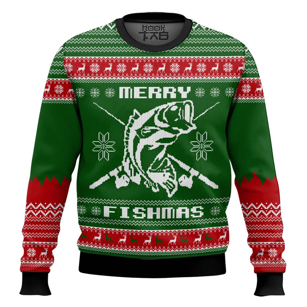 Hooktab Merry Fishmas Bass Fishing Ugly Christmas Sweater Hooktab Merry Fishmas Bass Fishing Ugly Christmas Sweater