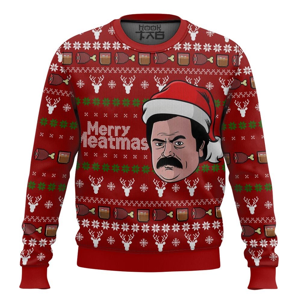 Hooktab Merry Meatmas Ron Swanson Parks And Recreation Ugly Christmas Sweater Hooktab Merry Meatmas Ron Swanson Parks And Recreation Ugly Christmas Sweater