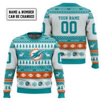 Hooktab Miami Dolphins - Custom Name And Number Ugly Sweater