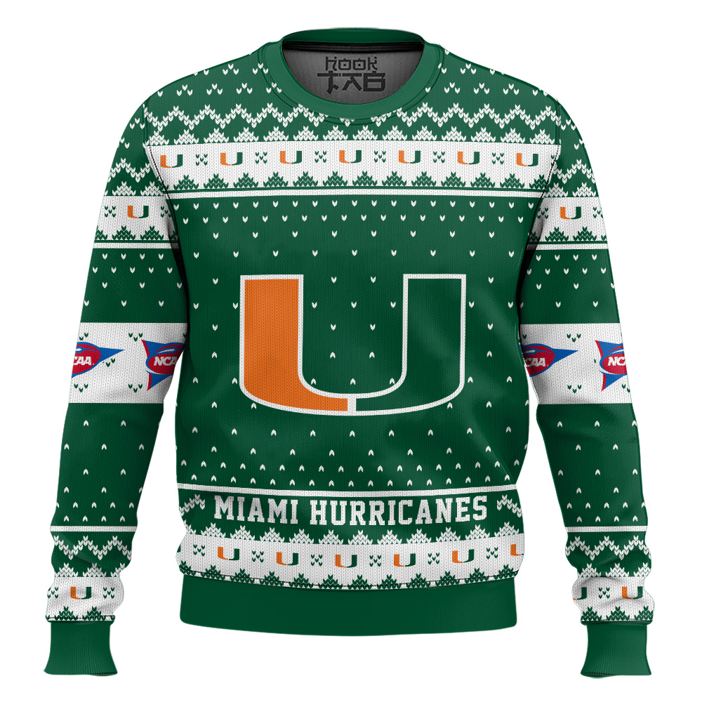 Hooktab Miami Hurricanes - Custom Name And Number Ugly Christmas Sweater Hooktab Miami Hurricanes - Custom Name And Number Ugly Christmas Sweater