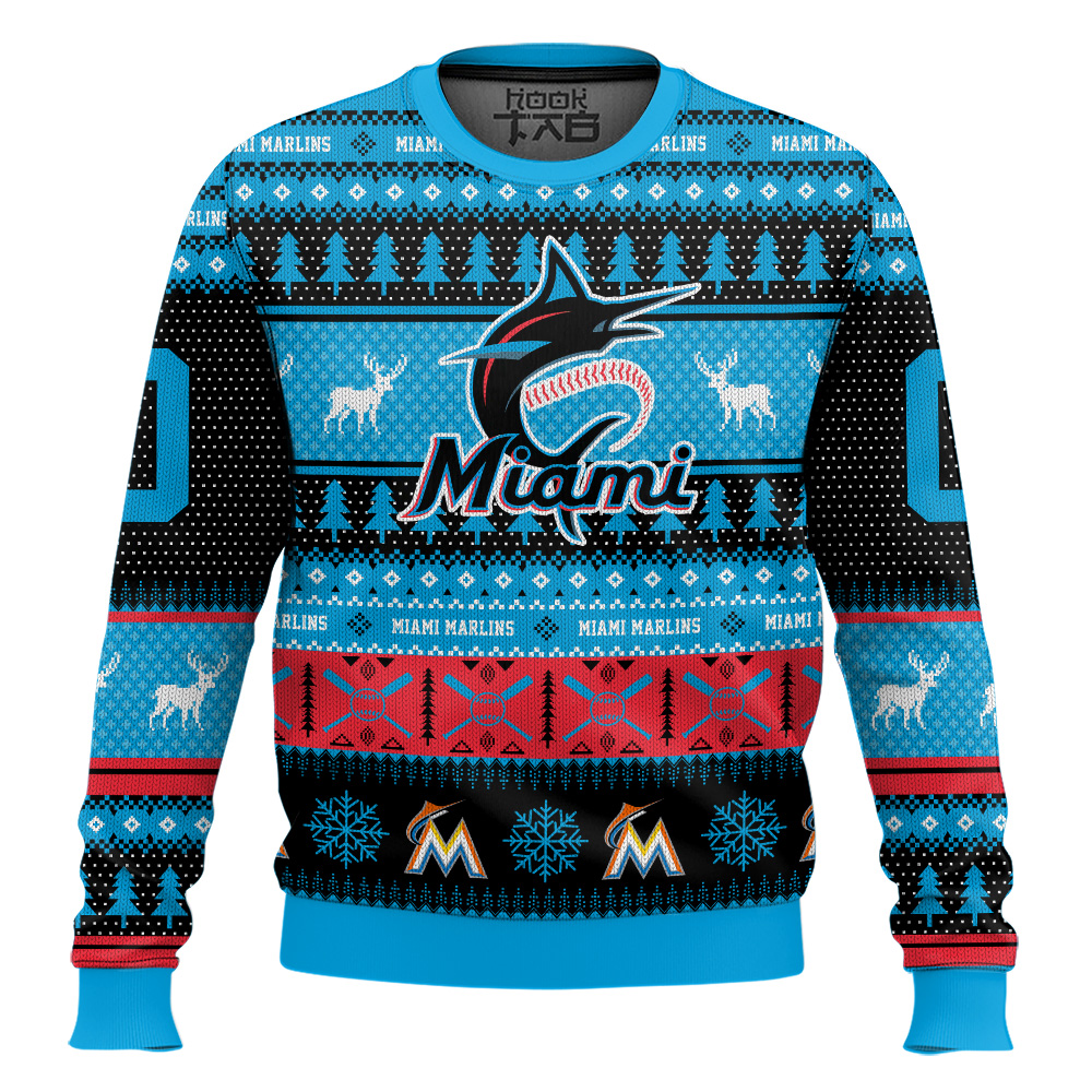Hooktab Miami Marlins - Custom Name And Number Ugly Sweater Hooktab Miami Marlins - Custom Name And Number Ugly Sweater