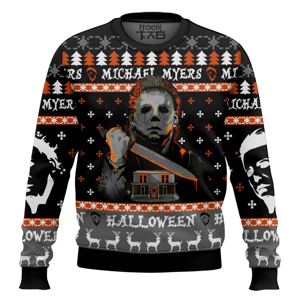 Hooktab Michael Myers Happy Halloween Ugly Christmas Sweater Hooktab Michael Myers Happy Halloween Ugly Christmas Sweater