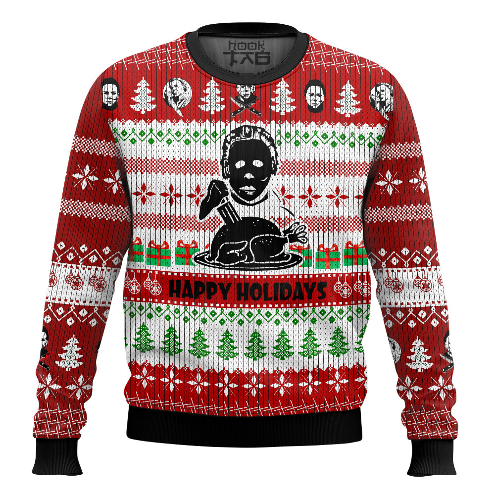 Hooktab Michael Myers Happy Holidays Ugly Christmas Sweater Hooktab Michael Myers Happy Holidays Ugly Christmas Sweater