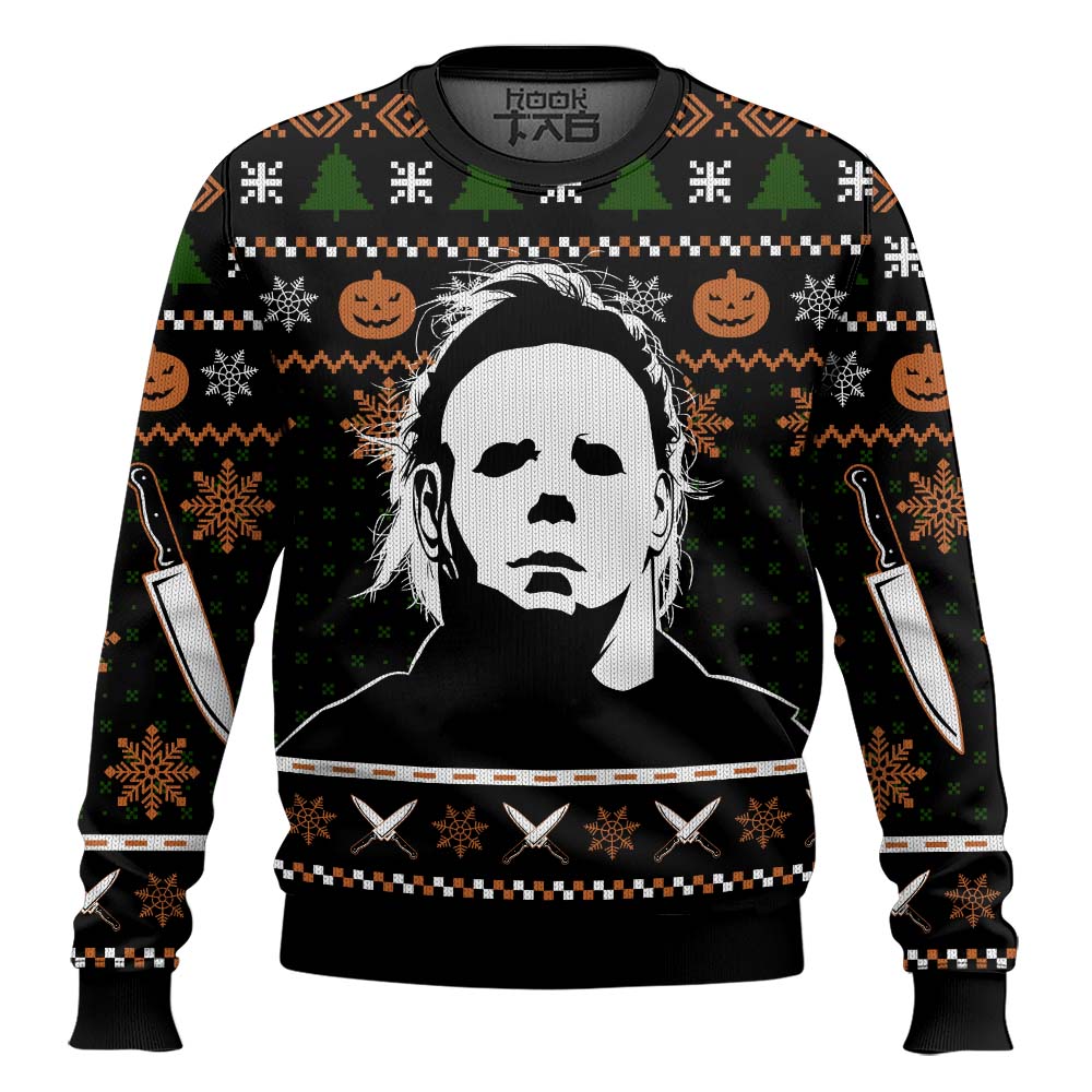 Hooktab Michael Myers Pumpkin Slasher Ugly Christmas Sweater Hooktab Michael Myers Pumpkin Slasher Ugly Christmas Sweater