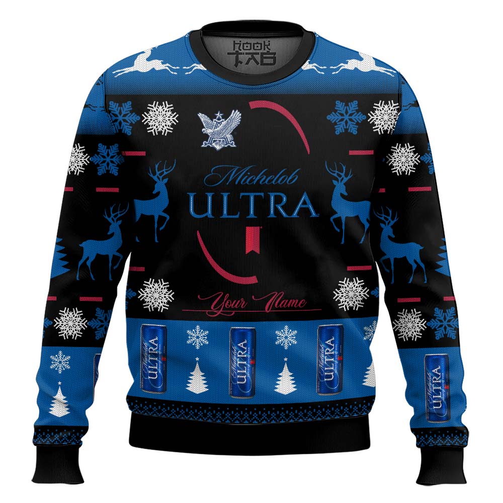 Hooktab Michelob Ultra - Custom Name Ugly Christmas Sweater Hooktab Michelob Ultra - Custom Name Ugly Christmas Sweater