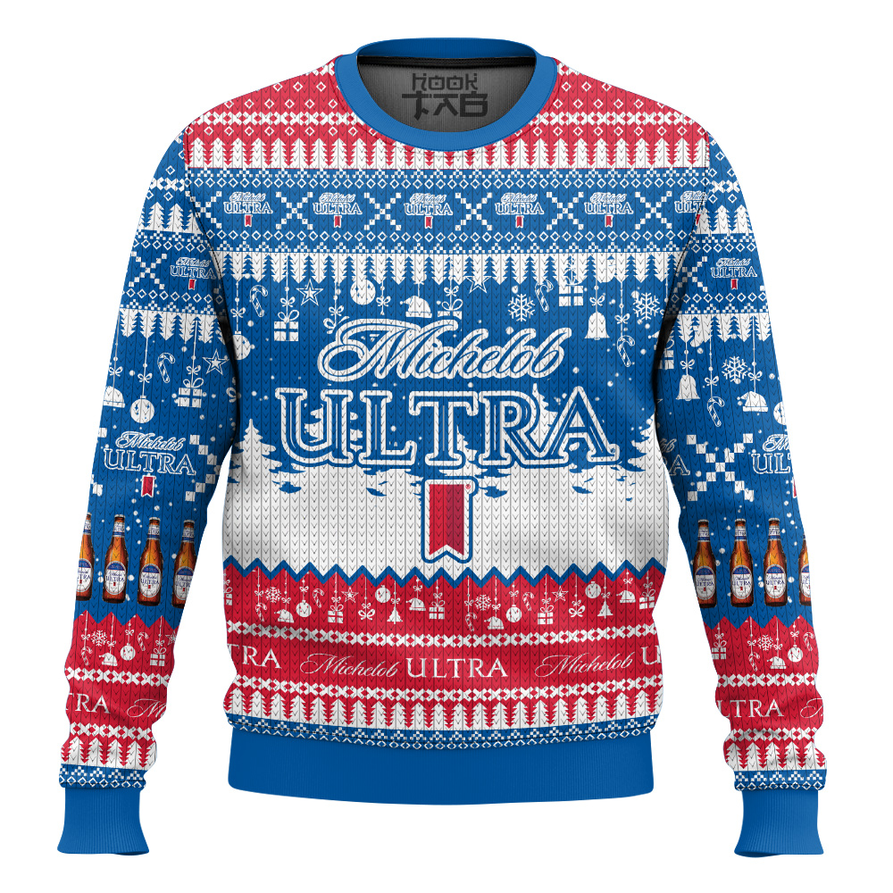 Hooktab Michelob Ultra American Beer Ugly Christmas Sweater Hooktab Michelob Ultra American Beer Ugly Christmas Sweater