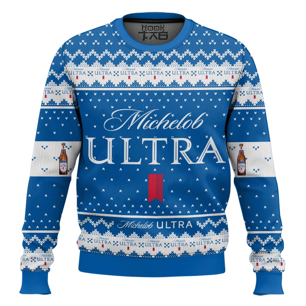 Hooktab Michelob Ultra American Lager Ugly Christmas Sweater Hooktab Michelob Ultra American Lager Ugly Christmas Sweater