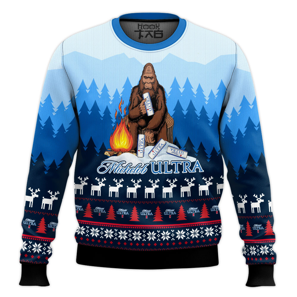 Hooktab Michelob Ultra Big Foot Ugly Christmas Sweater Hooktab Michelob Ultra Big Foot Ugly Christmas Sweater