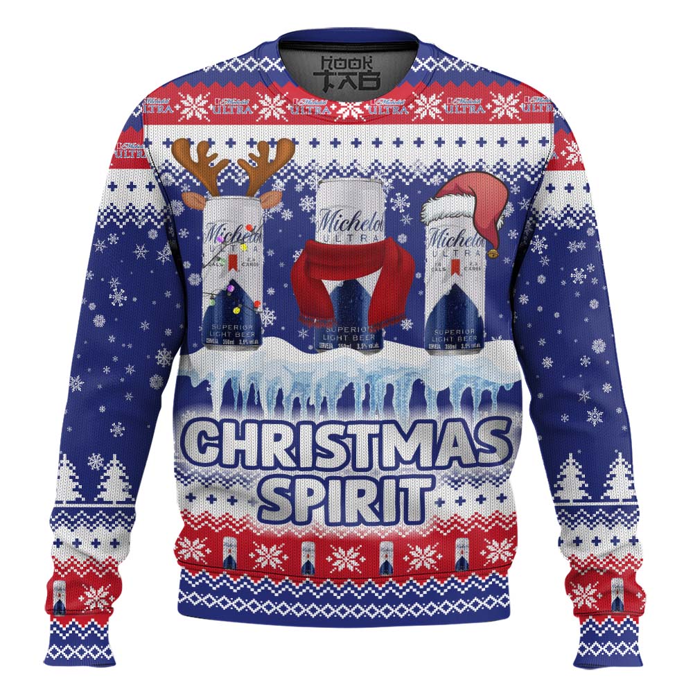 Hooktab Michelob Ultra Christmas Spirit Ugly Christmas Sweater Hooktab Michelob Ultra Christmas Spirit Ugly Christmas Sweater
