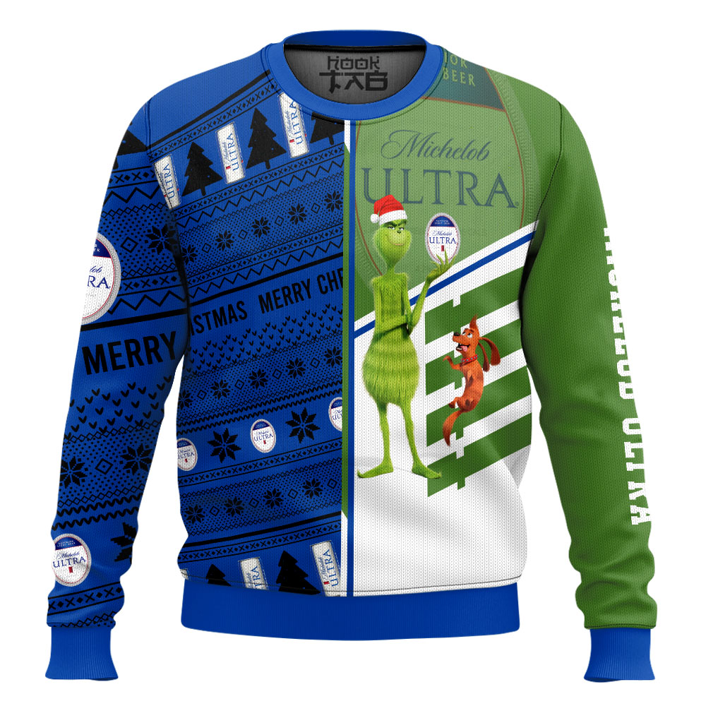 Hooktab Michelob Ultra Grinch Ugly Christmas Sweater Hooktab Michelob Ultra Grinch Ugly Christmas Sweater