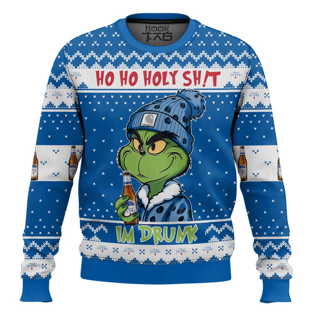 Hooktab Michelob Ultra, Ho Ho Holy Sh!t I'm Drunk Grinch Ugly Christmas Sweater Hooktab Michelob Ultra, Ho Ho Holy Sh!t I'm Drunk Grinch Ugly Christmas Sweater