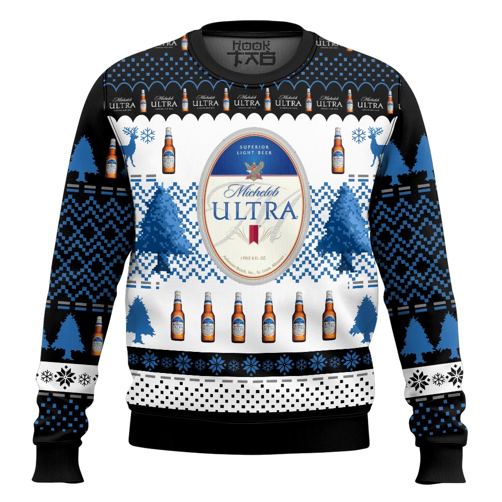 Hooktab Michelob Ultra Superior Light Beer Ugly Christmas Sweater Hooktab Michelob Ultra Superior Light Beer Ugly Christmas Sweater