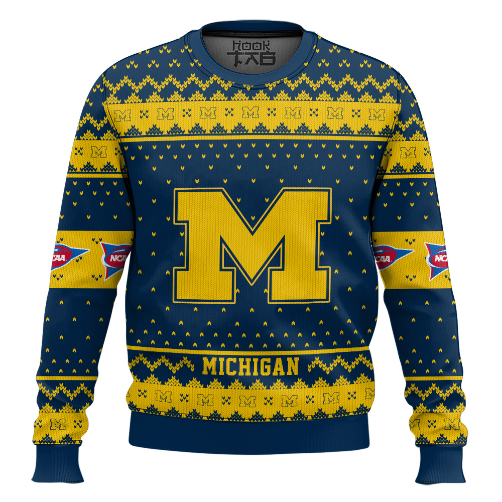 Hooktab Michigan Wolverines - Custom Name And Number Ugly Christmas Sweater Hooktab Michigan Wolverines - Custom Name And Number Ugly Christmas Sweater