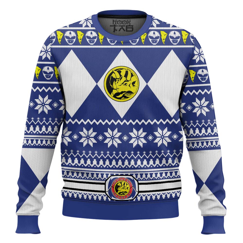 Hooktab Mighty Morphin Power Blue Ugly Christmas Sweater Hooktab Mighty Morphin Power Blue Ugly Christmas Sweater
