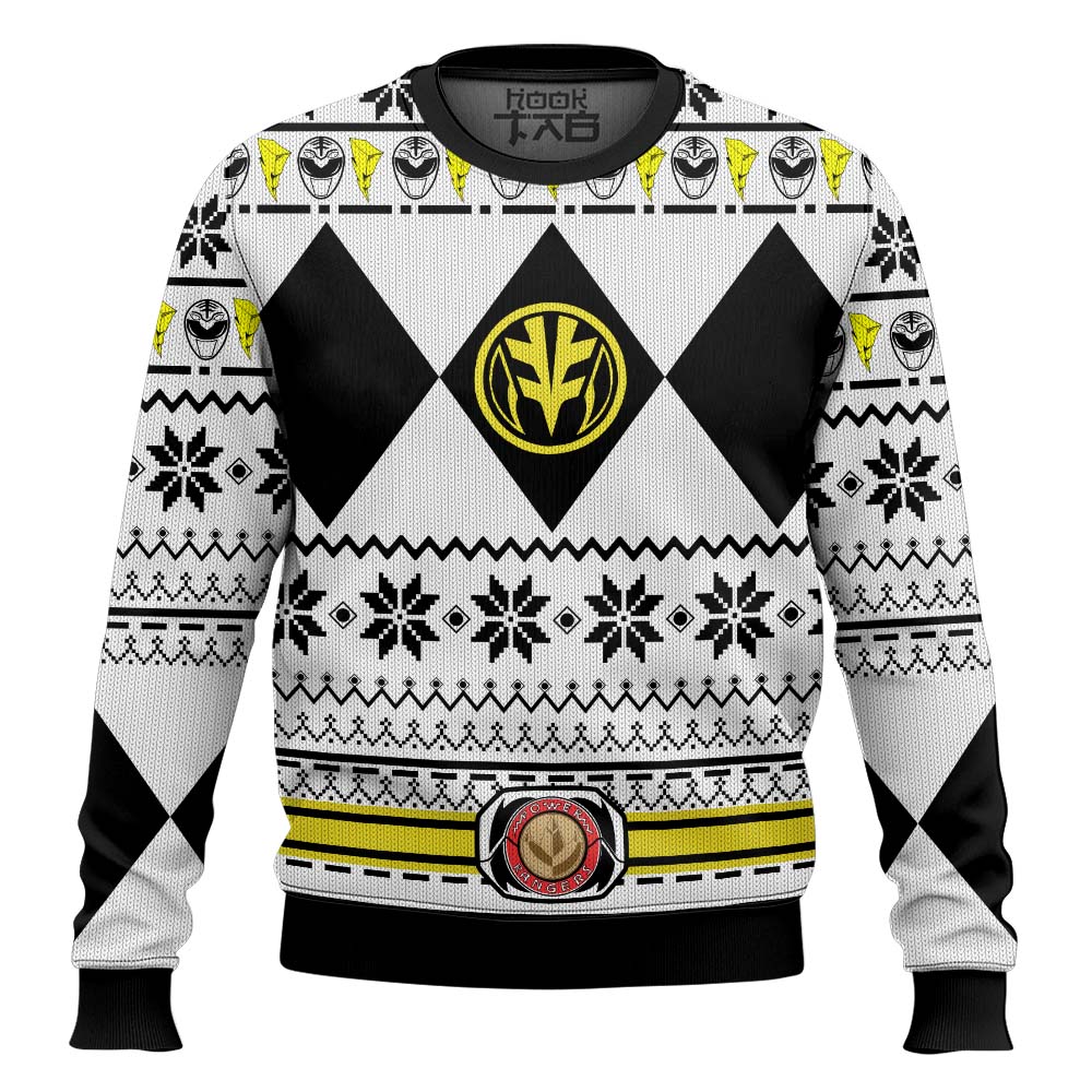 Hooktab Mighty Morphin White Power Rangers Ugly Christmas Sweater Hooktab Mighty Morphin White Power Rangers Ugly Christmas Sweater