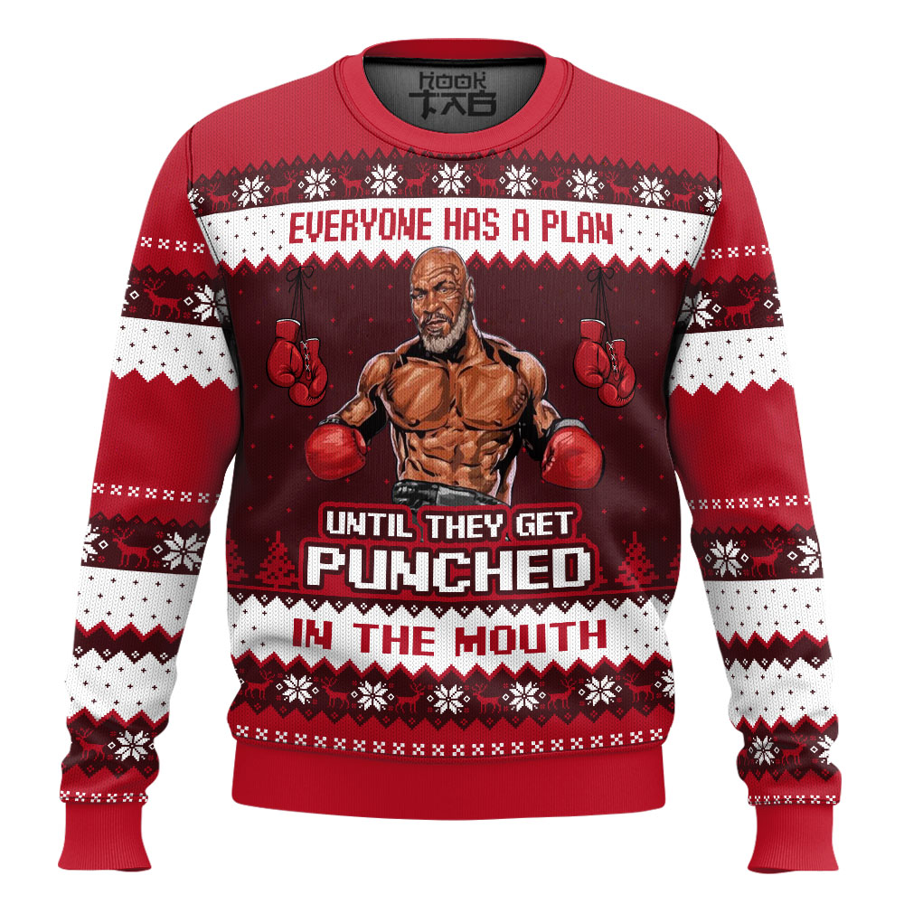 Hooktab Mike Tyson Everyone Has A Plan Until They Get Punched In The Mouth Ugly Christmas Sweater Hooktab Mike Tyson Everyone Has A Plan Until They Get Punched In The Mouth Ugly Christmas Sweater