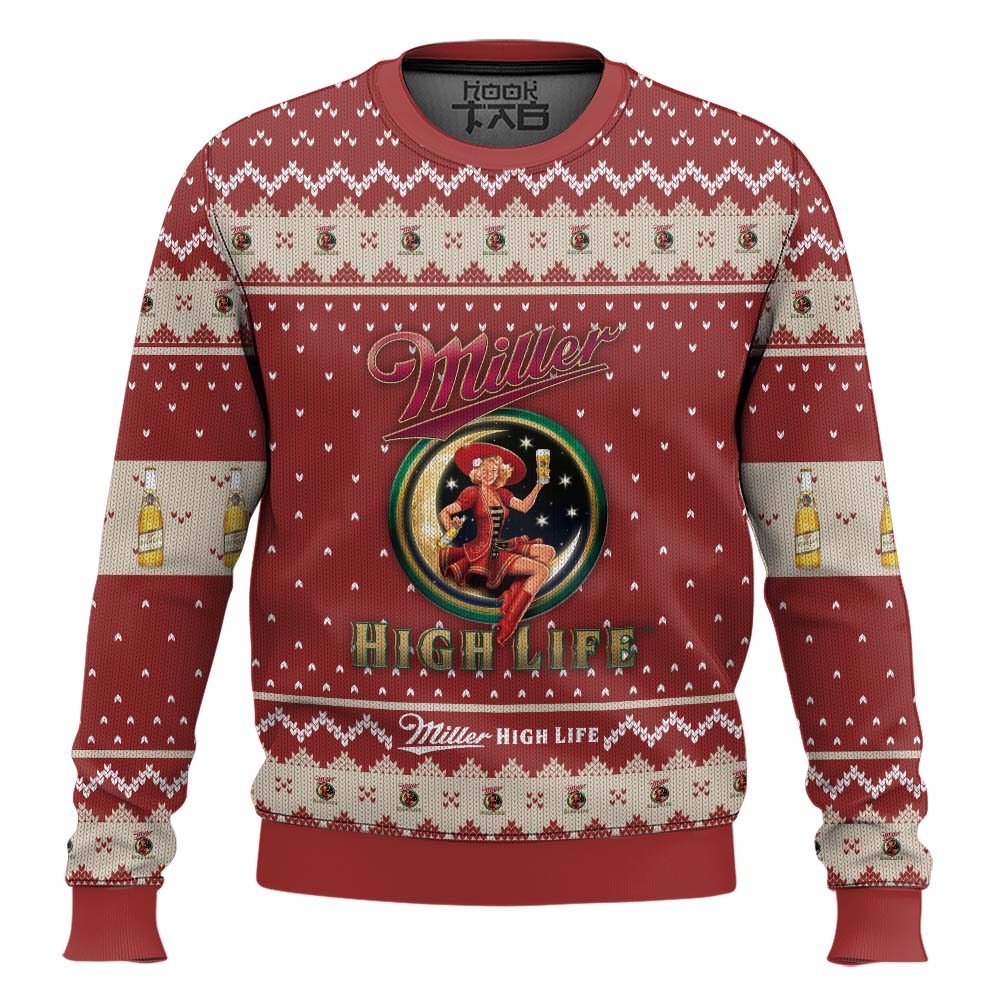 Hooktab Miller High Life Beer Ugly Christmas Sweater Hooktab Miller High Life Beer Ugly Christmas Sweater