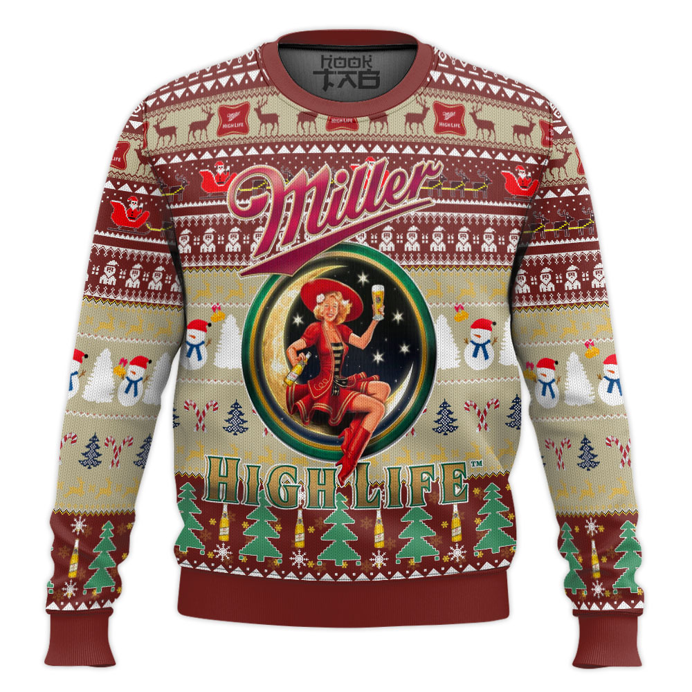 Hooktab Miller High Life Brews Ugly Christmas Sweater Hooktab Miller High Life Brews Ugly Christmas Sweater
