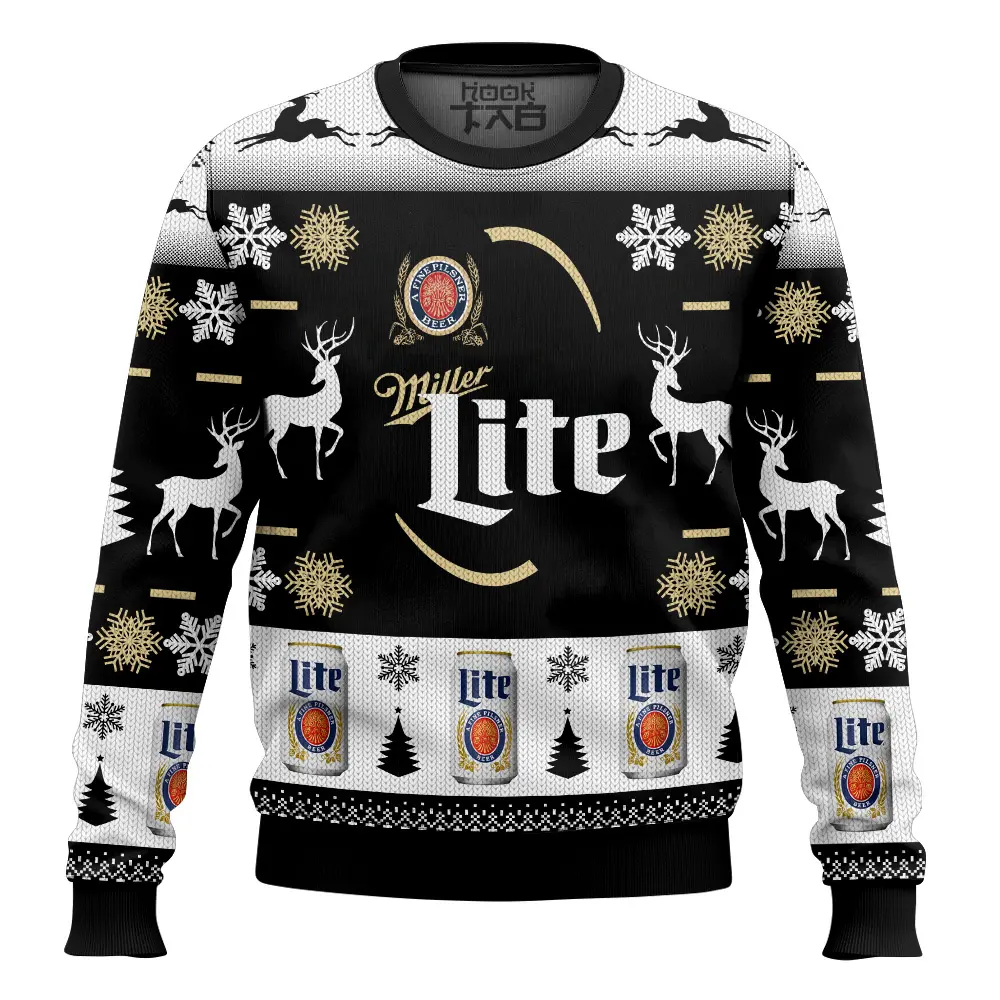 Hooktab Miller Lite Beer - Custom Name And Number Ugly Christmas Sweater Hooktab Miller Lite Beer - Custom Name And Number Ugly Christmas Sweater