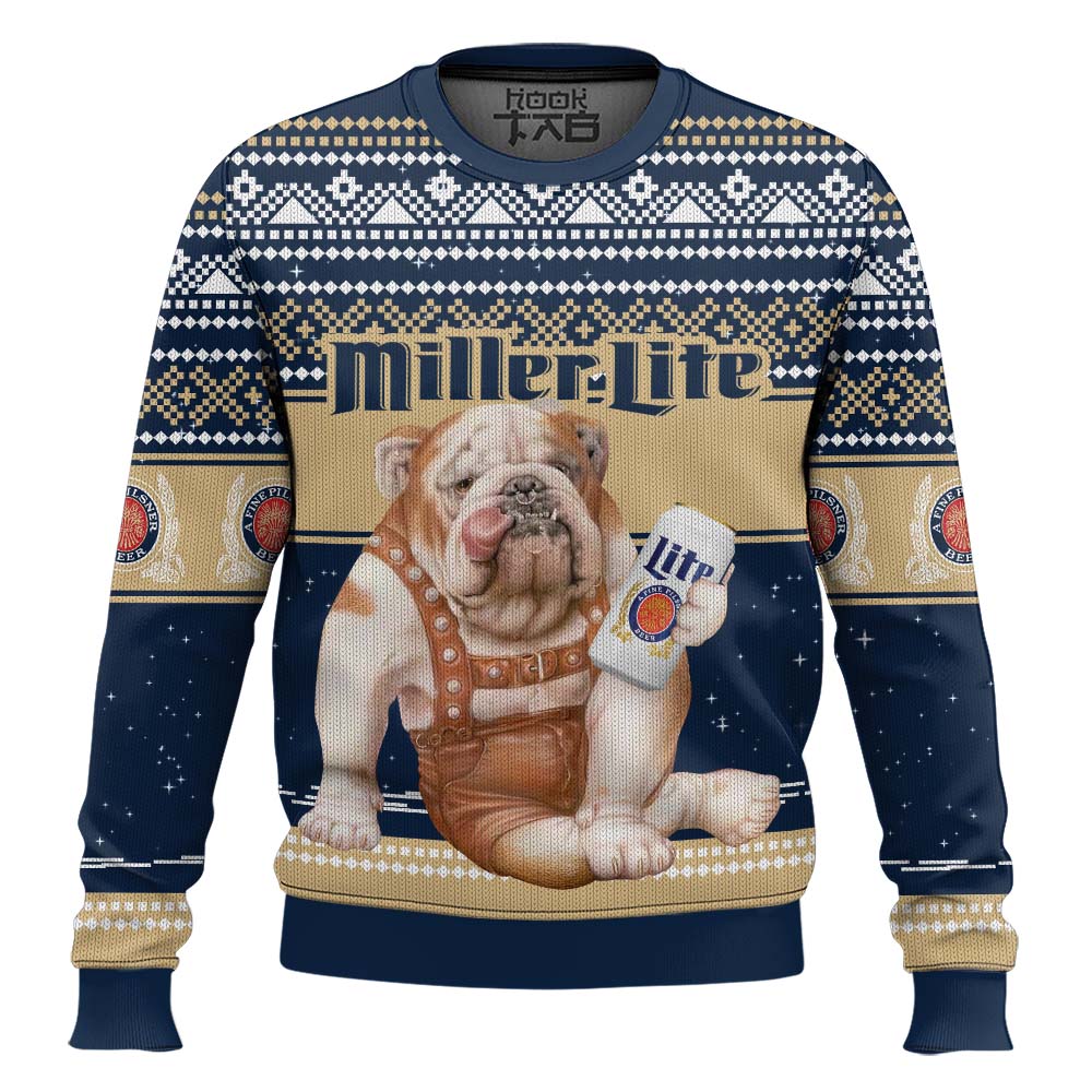 Hooktab Miller Lite Bulldog Ugly Christmas Sweater Hooktab Miller Lite Bulldog Ugly Christmas Sweater