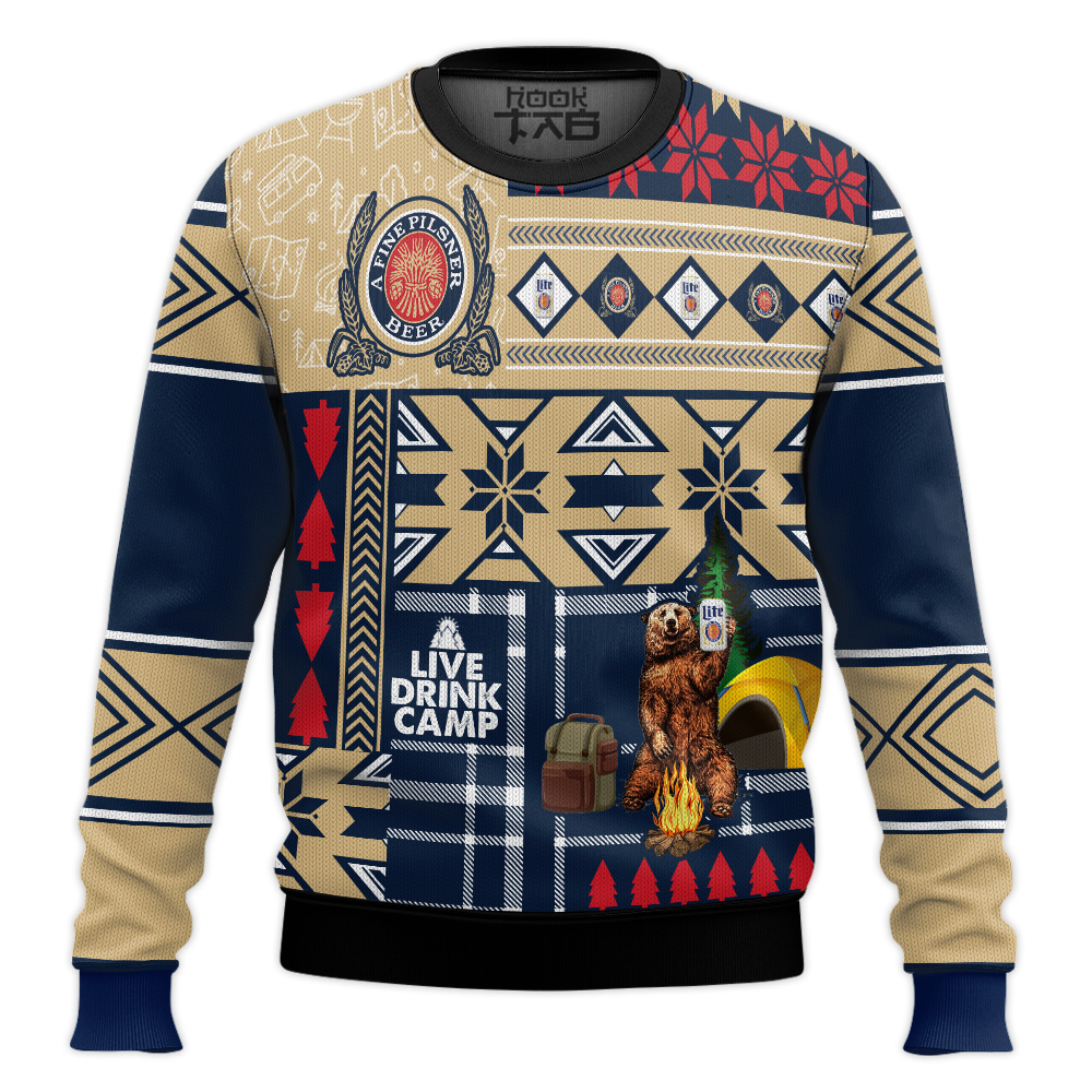 Hooktab Miller Lite Camping Ugly Christmas Sweater Hooktab Miller Lite Camping Ugly Christmas Sweater
