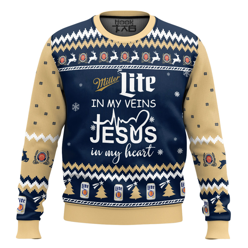 Hooktab Miller Lite In My Vein Ugly Christmas Sweater Hooktab Miller Lite In My Vein Ugly Christmas Sweater