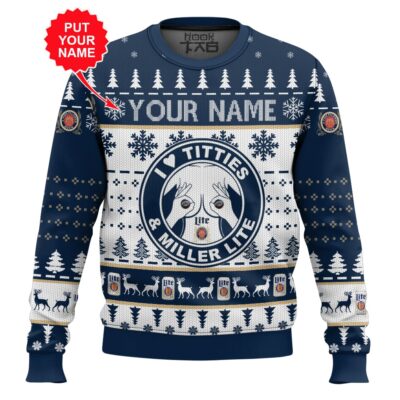Miller Lite Titties Funny - Custom Name Ugly Christmas Sweater