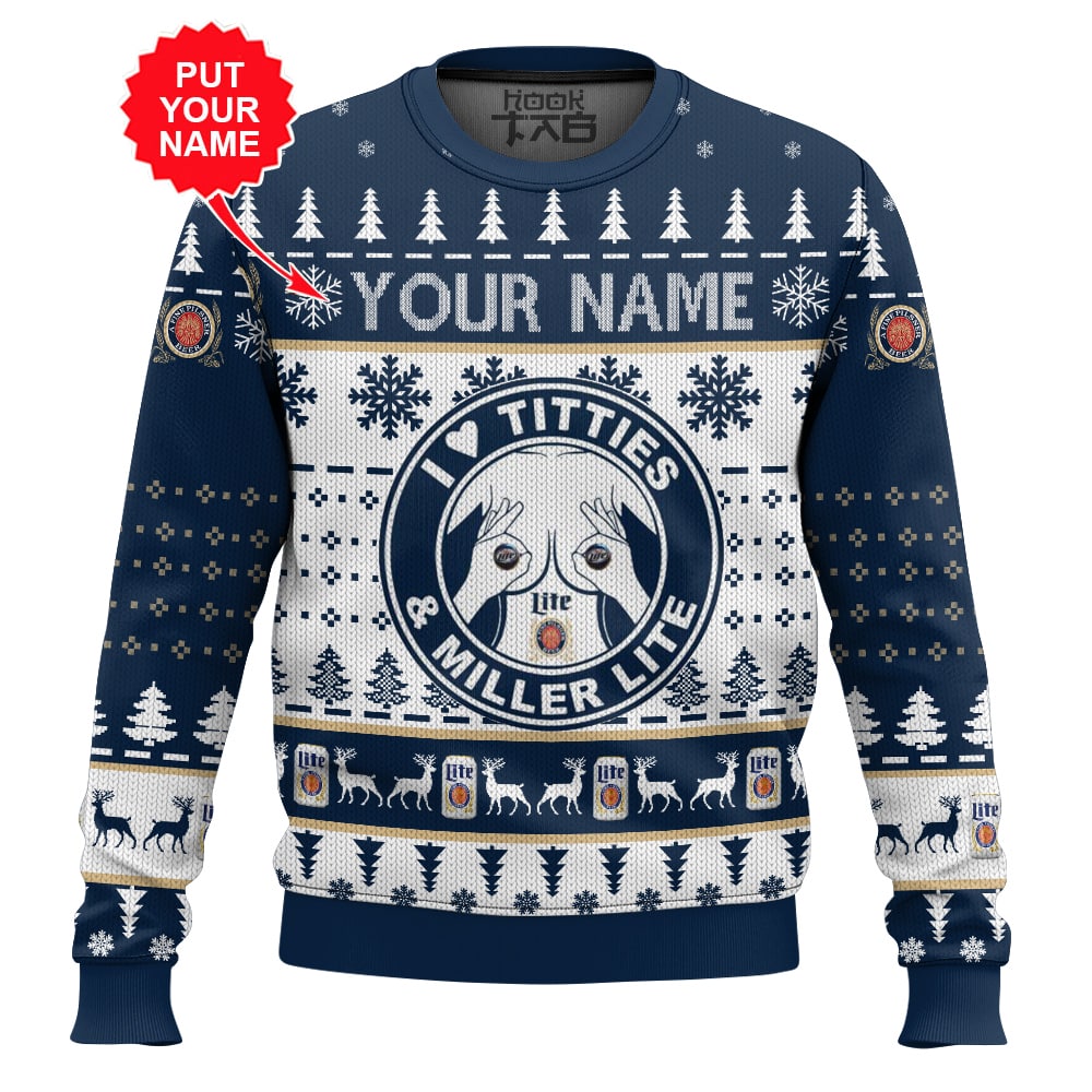 Hooktab Miller Lite Titties Funny - Custom Name Ugly Christmas Sweater Hooktab Miller Lite Titties Funny - Custom Name Ugly Christmas Sweater