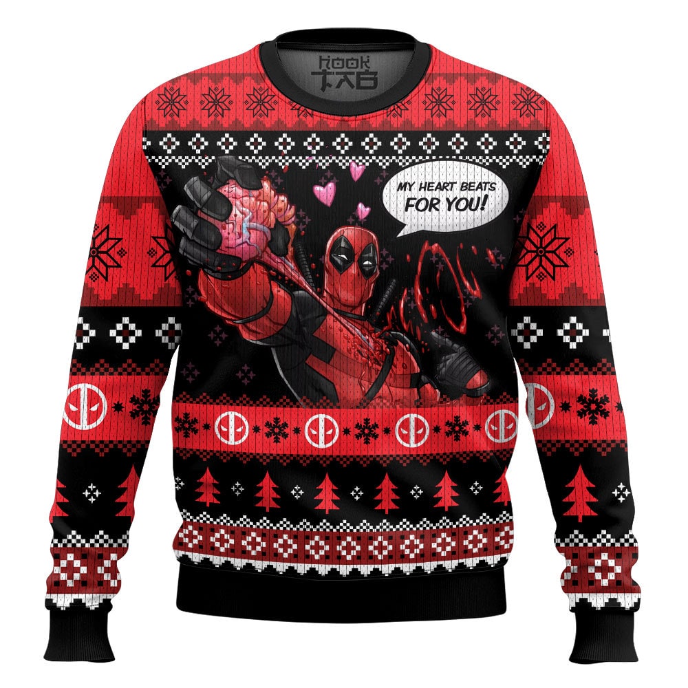 Hooktab My Heart Beats For You! Deadpool Ugly Christmas Sweater Hooktab My Heart Beats For You! Deadpool Ugly Christmas Sweater
