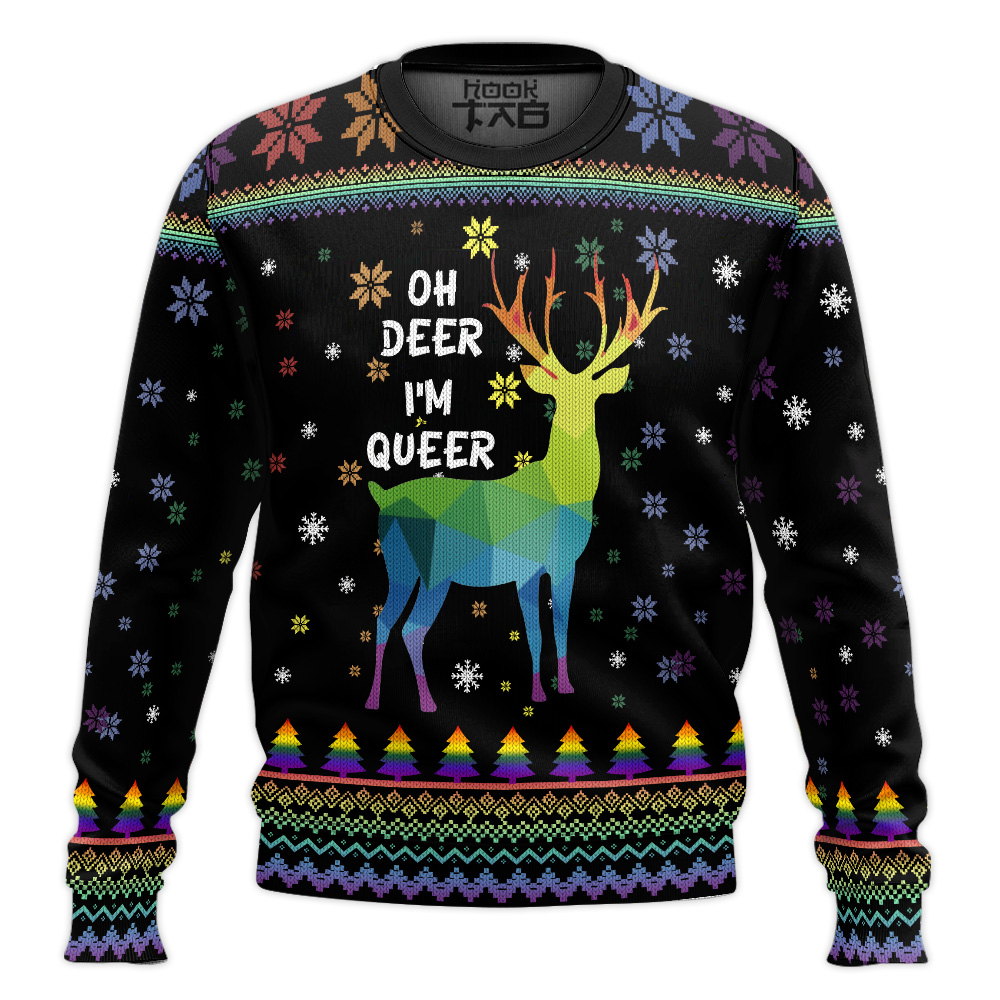 Hooktab Oh Deer I'm Queer LGBT Support Ugly Christmas Sweater Hooktab Oh Deer I'm Queer LGBT Support Ugly Christmas Sweater