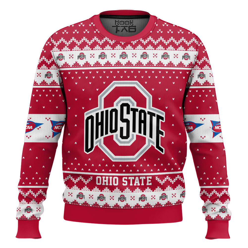 Hooktab Ohio State Buckeyes - Custom Name And Number Ugly Christmas Sweater Hooktab Ohio State Buckeyes - Custom Name And Number Ugly Christmas Sweater