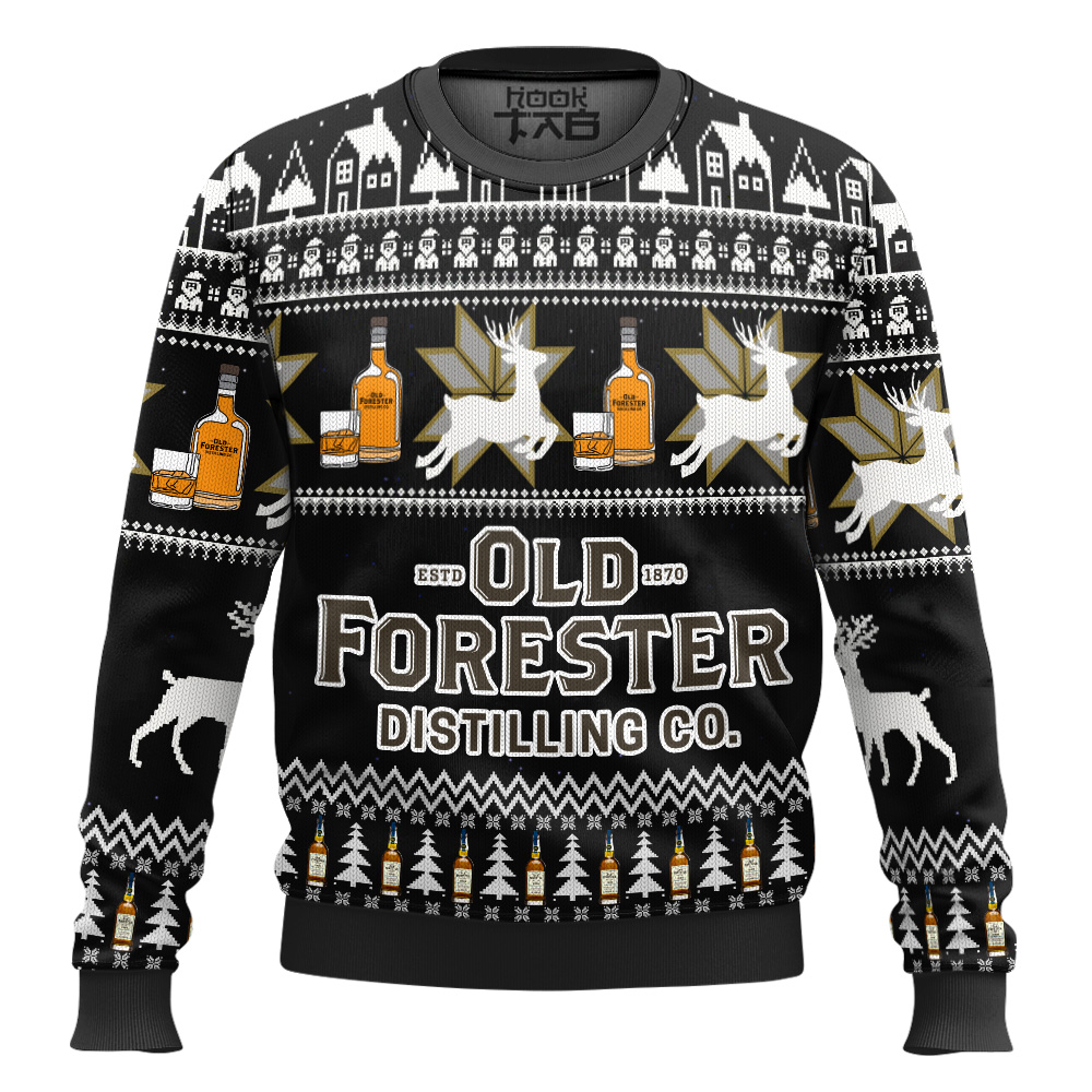 Hooktab Old Forester Bourbon Whiskey Ugly Christmas Sweater Hooktab Old Forester Bourbon Whiskey Ugly Christmas Sweater