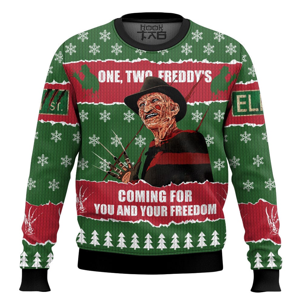 Hooktab One, Two, Freddy’s Coming For You And Your Freedom Ugly Christmas Sweater Hooktab One, Two, Freddy’s Coming For You And Your Freedom Ugly Christmas Sweater