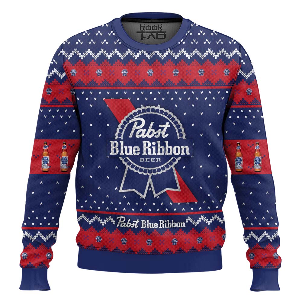 Hooktab Pabst Blue Ribbon American Lager Beer Ugly Christmas Sweater Hooktab Pabst Blue Ribbon American Lager Beer Ugly Christmas Sweater