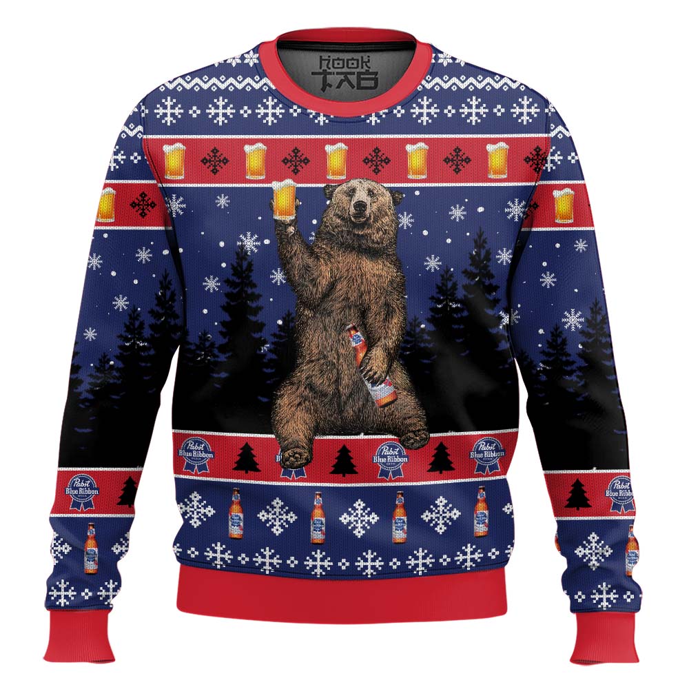 Hooktab Pabst Blue Ribbon Bear Ugly Christmas Sweater Hooktab Pabst Blue Ribbon Bear Ugly Christmas Sweater