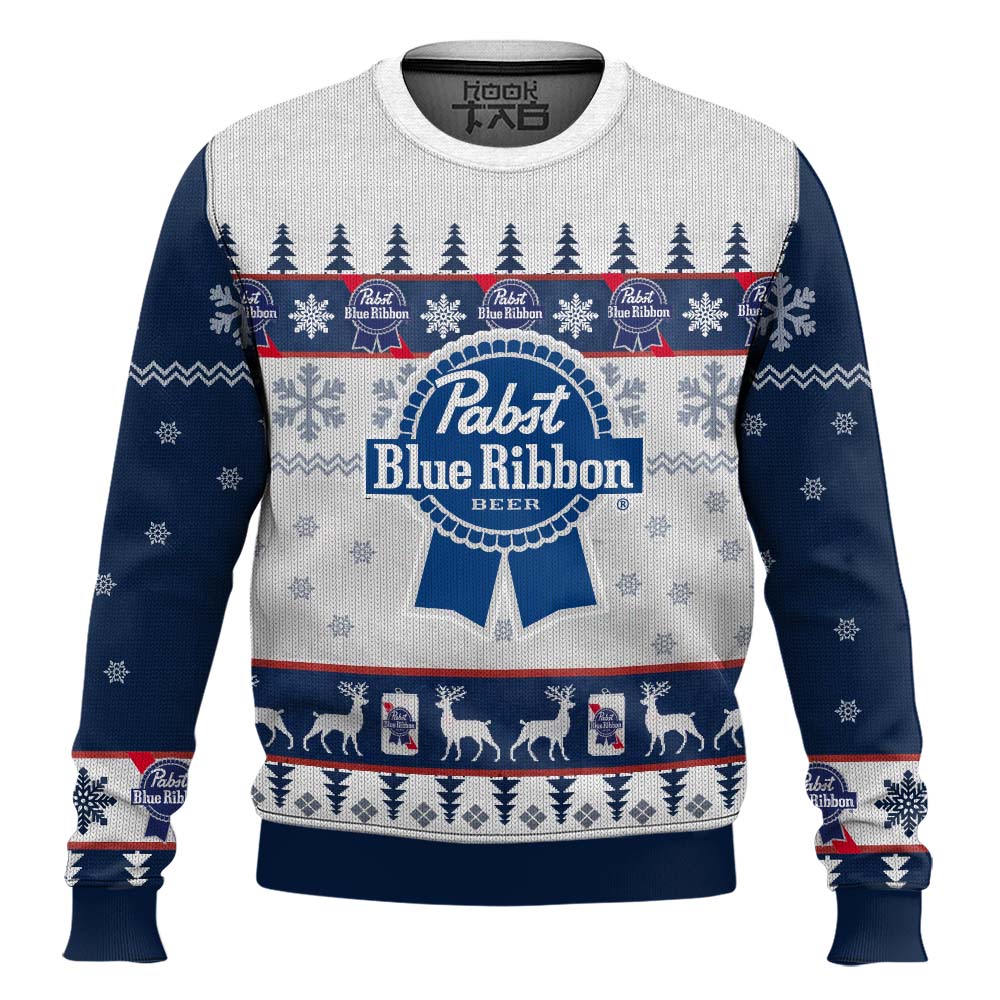 Hooktab Pabst Blue Ribbon Beer Ugly Christmas Sweater Hooktab Pabst Blue Ribbon Beer Ugly Christmas Sweater