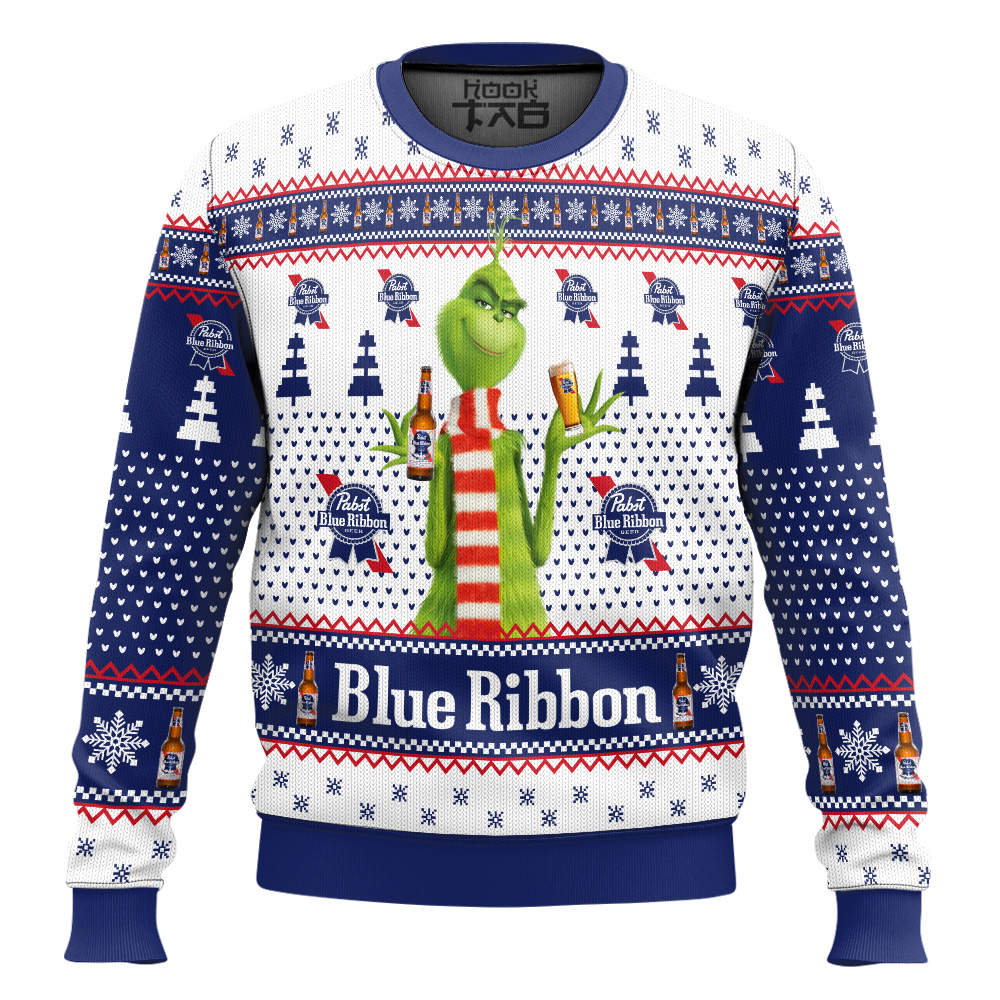 Hooktab Pabst Blue Ribbon Grinch Ugly Christmas Sweater Hooktab Pabst Blue Ribbon Grinch Ugly Christmas Sweater