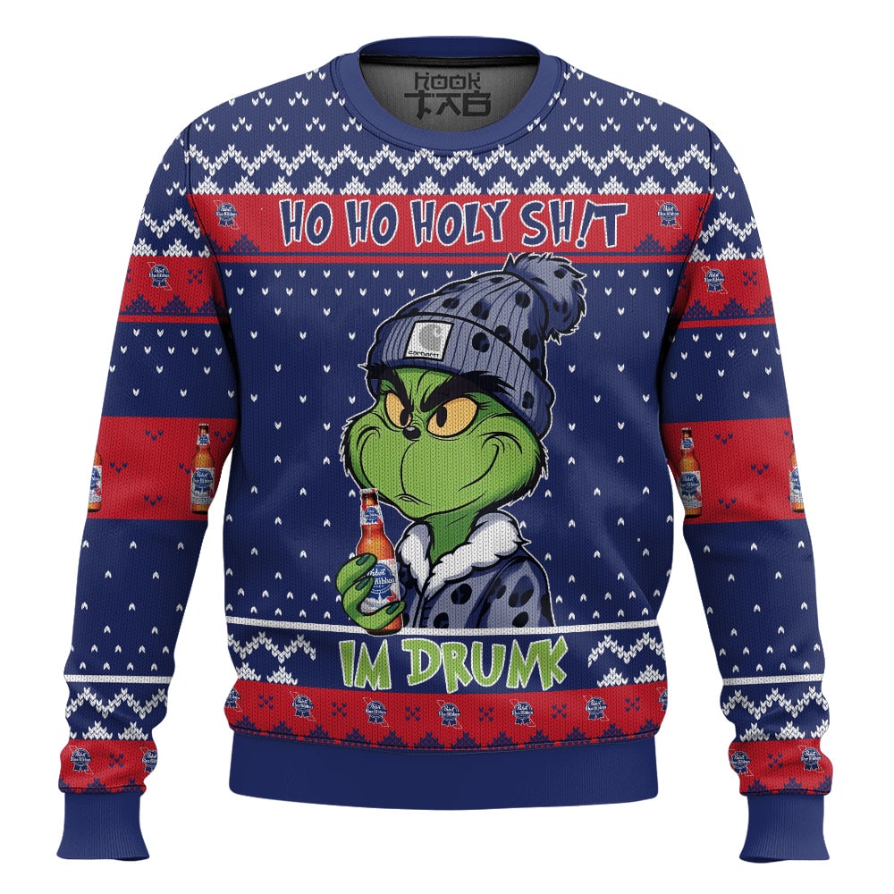 Hooktab Pabst Blue Ribbon Ho Ho Holy Sh!t I'm Drunk Ugly Christmas Sweater Hooktab Pabst Blue Ribbon Ho Ho Holy Sh!t I'm Drunk Ugly Christmas Sweater