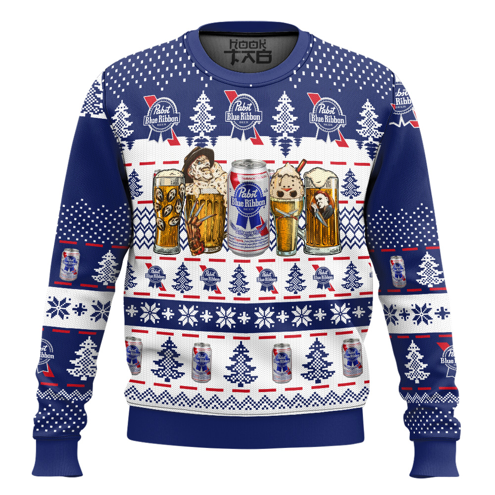 Hooktab Pabst Blue Ribbon Horror Drink - Custom Name Ugly Christmas Sweater Hooktab Pabst Blue Ribbon Horror Drink - Custom Name Ugly Christmas Sweater