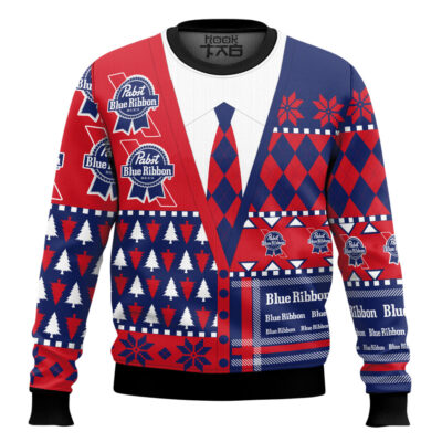 Pabst Blue Ribbon Suit And Tie Ugly Christmas Sweater