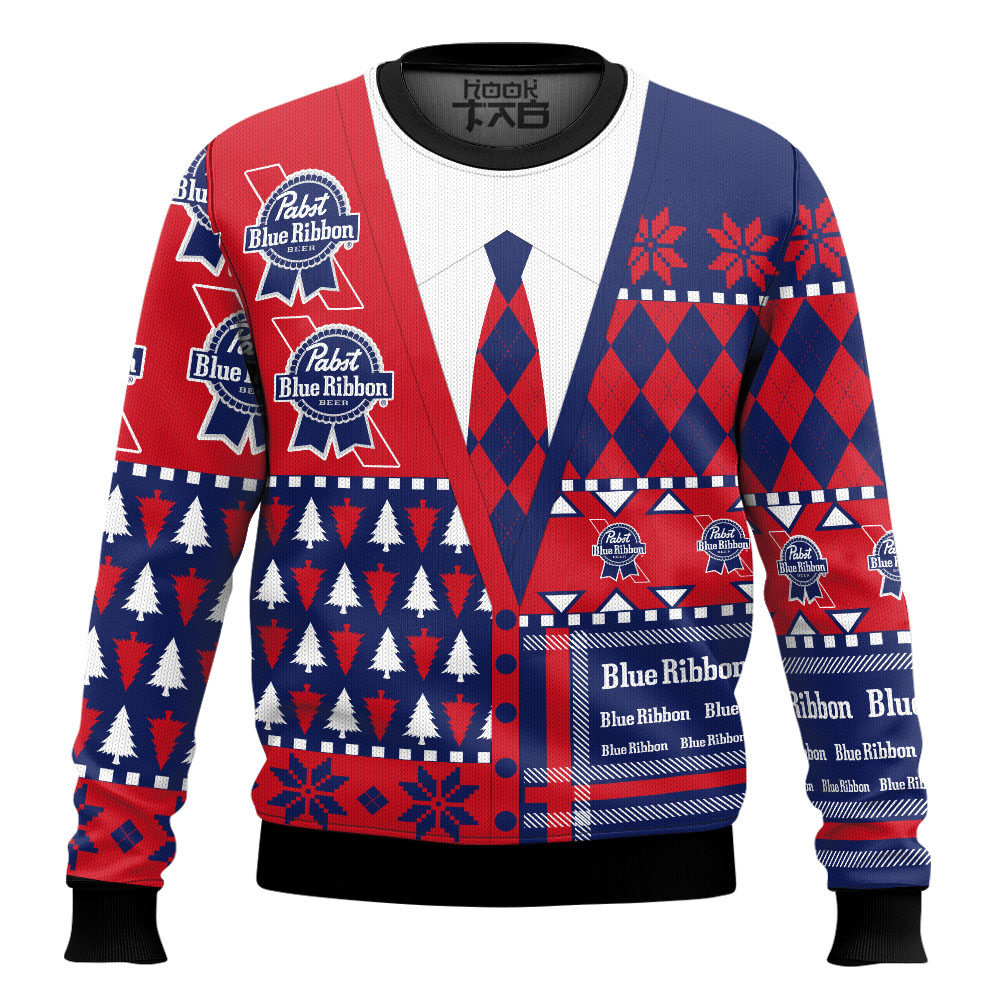 Hooktab Pabst Blue Ribbon Suit And Tie Ugly Christmas Sweater Hooktab Pabst Blue Ribbon Suit And Tie Ugly Christmas Sweater