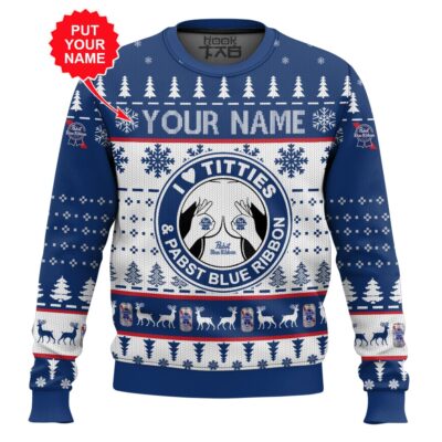 Pabst Blue Ribbon Titties Funny - Custom Name Ugly Christmas Sweater