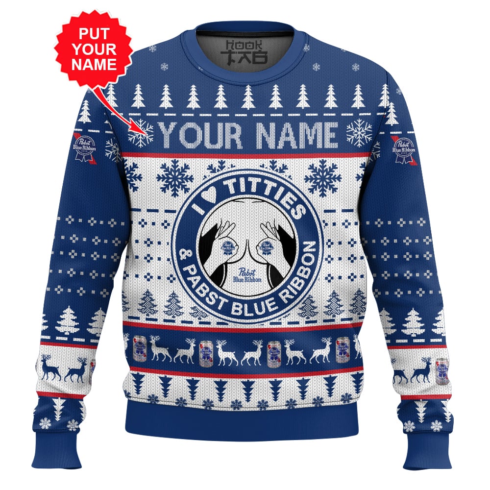 Hooktab Pabst Blue Ribbon Titties Funny - Custom Name Ugly Christmas Sweater Hooktab Pabst Blue Ribbon Titties Funny - Custom Name Ugly Christmas Sweater
