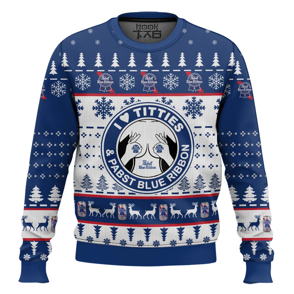 Hooktab Pabst Blue Ribbon Titties Funny Ugly Christmas Sweater Hooktab Pabst Blue Ribbon Titties Funny Ugly Christmas Sweater