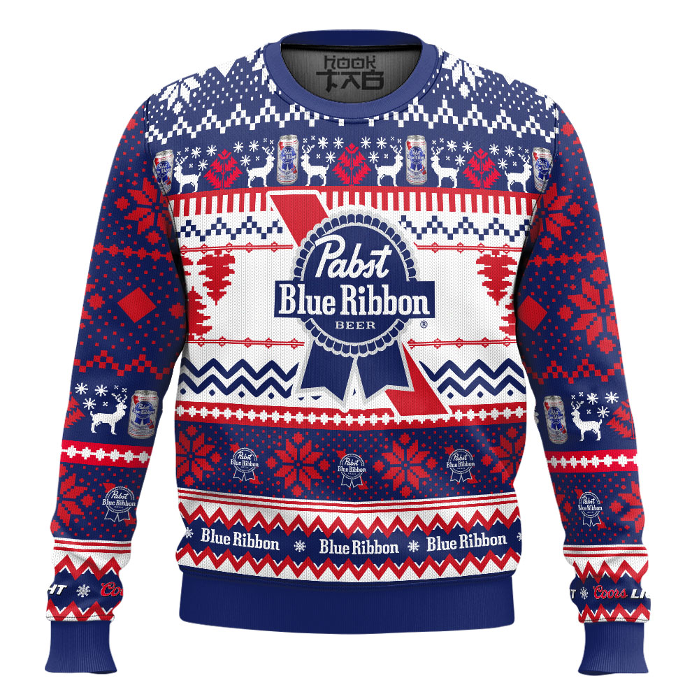 Hooktab Pabst Blue Ribbon Ugly Christmas Sweater Hooktab Pabst Blue Ribbon Ugly Christmas Sweater