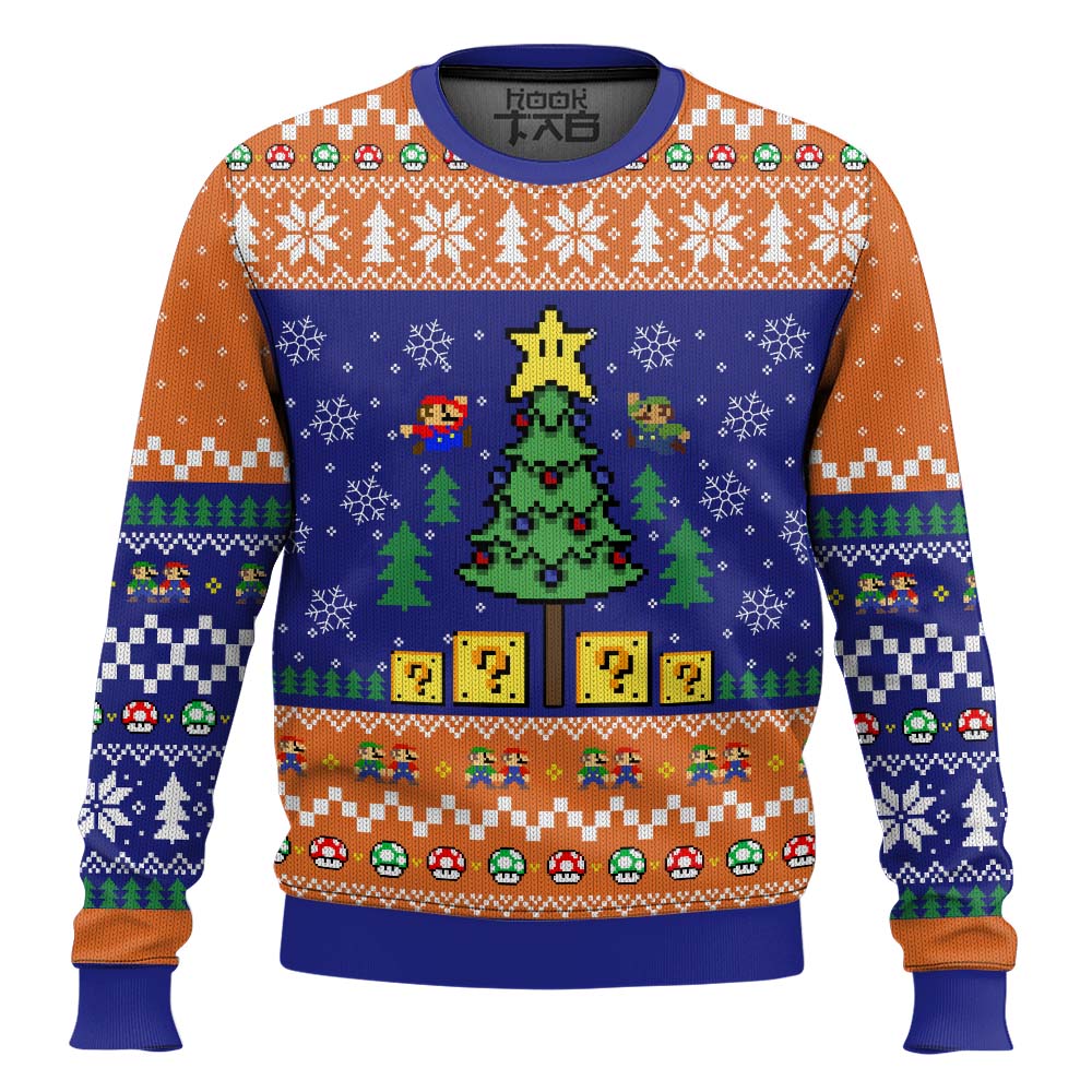 Hooktab Pine Tree Mario Bros Ugly Christmas Sweater Hooktab Pine Tree Mario Bros Ugly Christmas Sweater